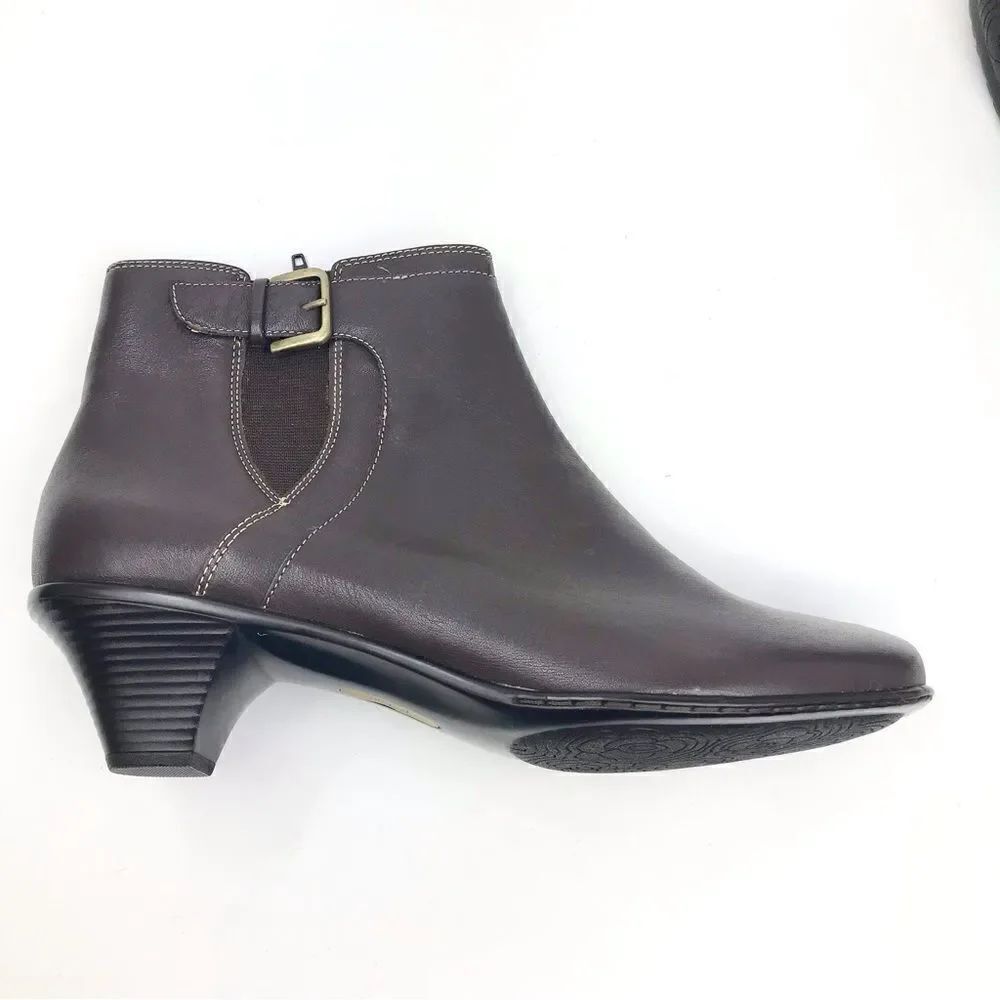 Softspots Brown Leather Buckle Accent Zip Side Ankle Boots NEW